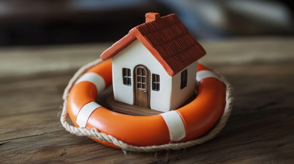 Tiny house figurine inside a lifebuoy symbolizing home insurance and emergency protection